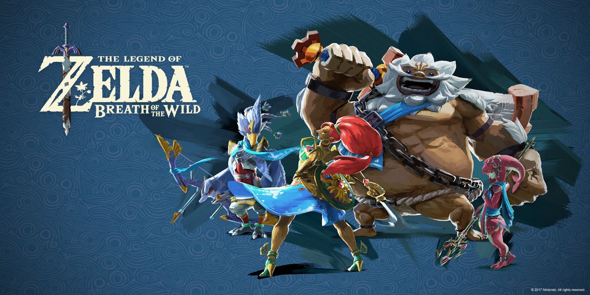 Os campeões de The Legend of Zelda: Breath of the Wild, Revali, Urbosa, Daruk e Mipha posam em frente a um fundo azul.