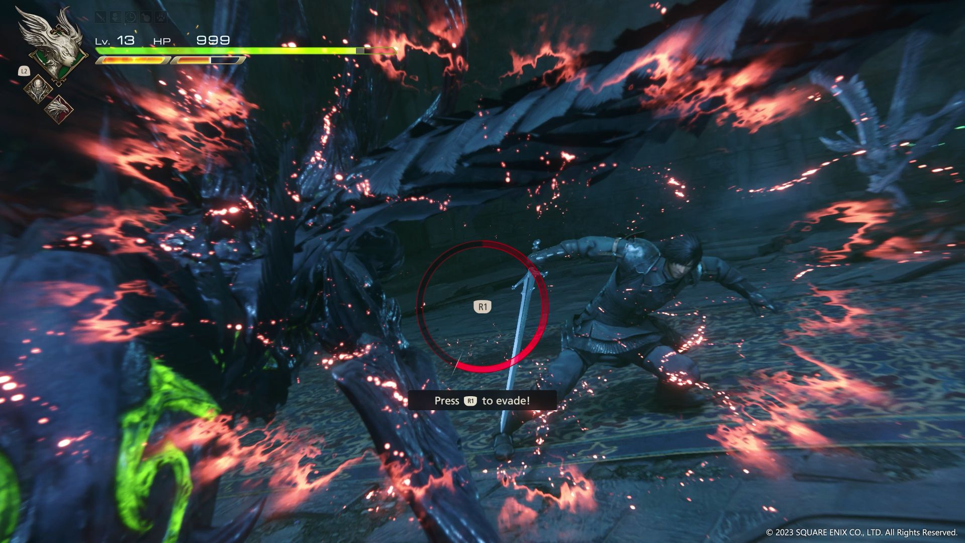 Clive in Final Fantasy 16 getting a prompt to dodge an attack. An R1 button icon appears in the middle of the screen and the text below it says "Press R1 to evade!"