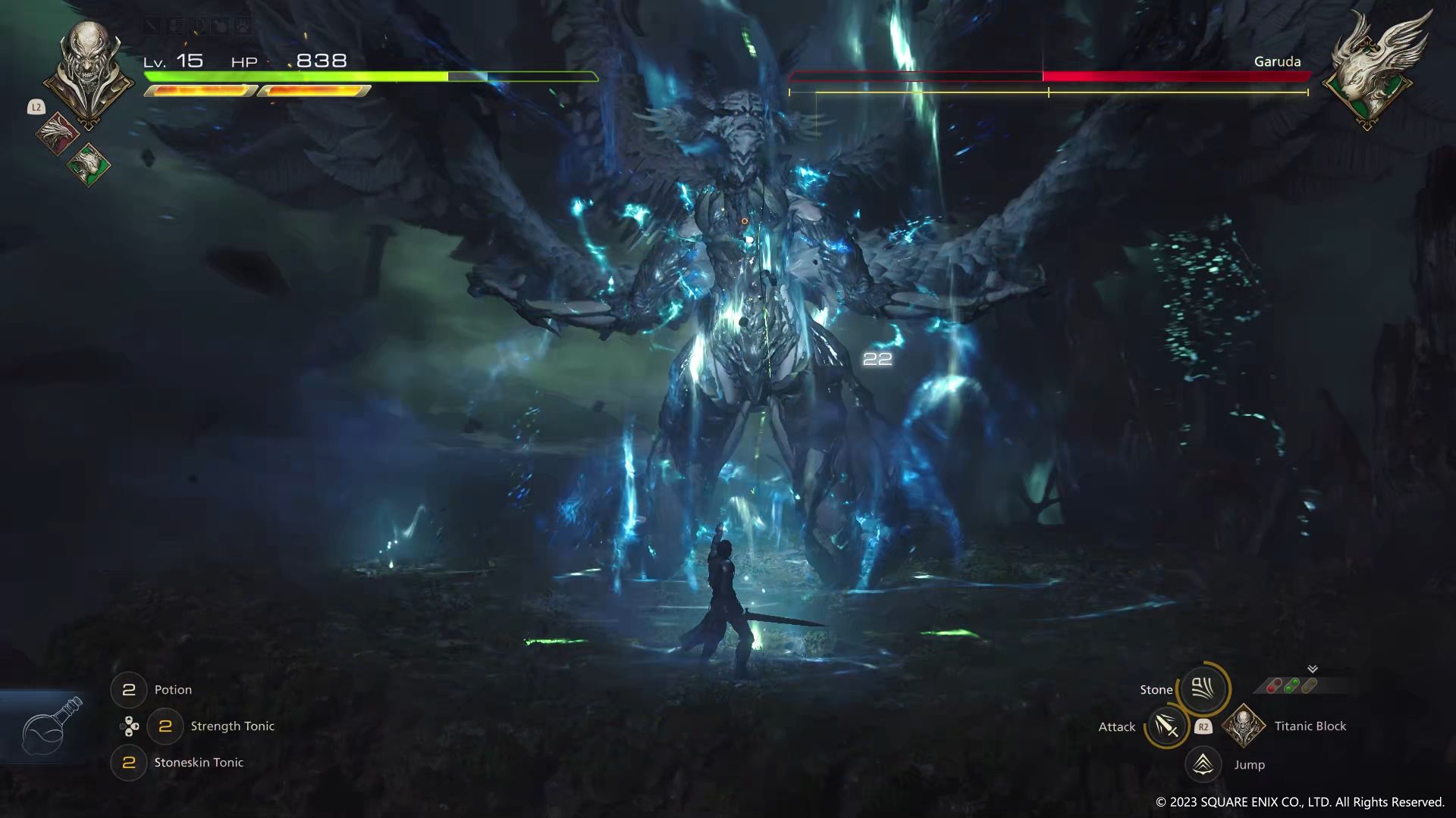 A screenshot from a Final Fantasy 16 gameplay preview, showing main character Clive battling against the Eikon Garuda.