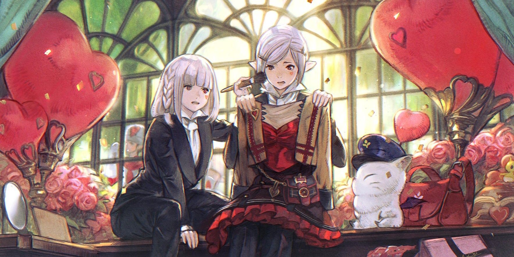 Final Fantasy XIV Valentione's Day 2023 key art, showing two Elezen girls. One of them is holding up the event's dress, while the other one spreads makeup on her face. They are surrounded by heart-shaped balloons and a mailman Moogle.