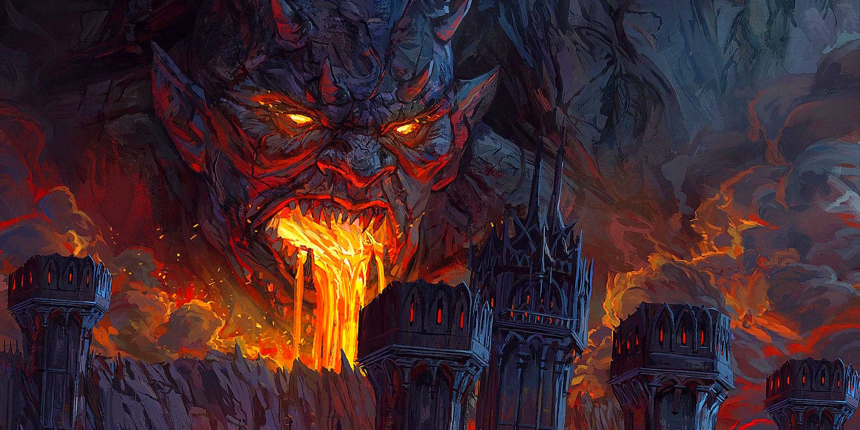 A huge stone demon spews lava behind the towers of a dark castle.