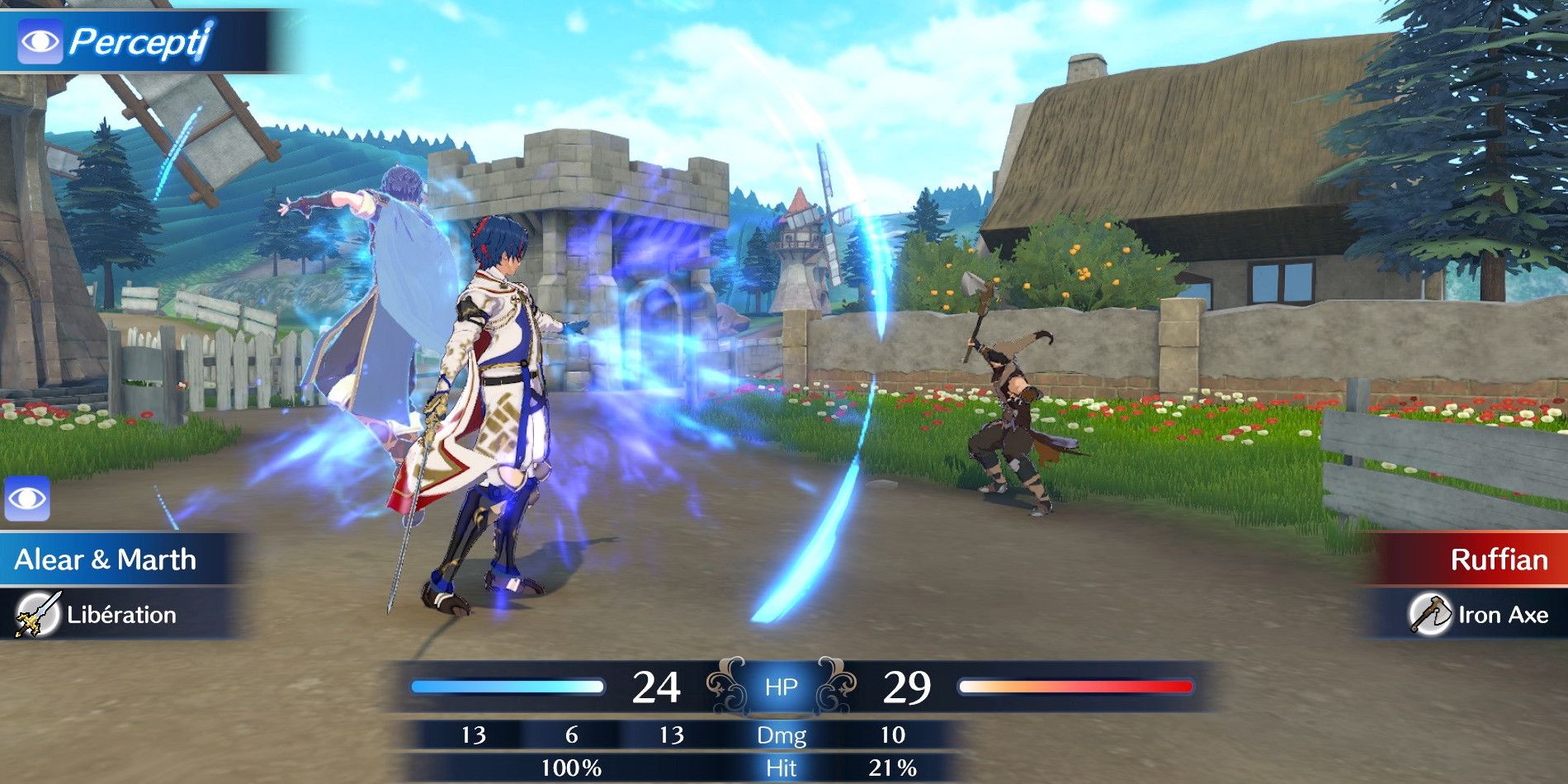 Alear and Marth attacking A Ruffian on the battlefield