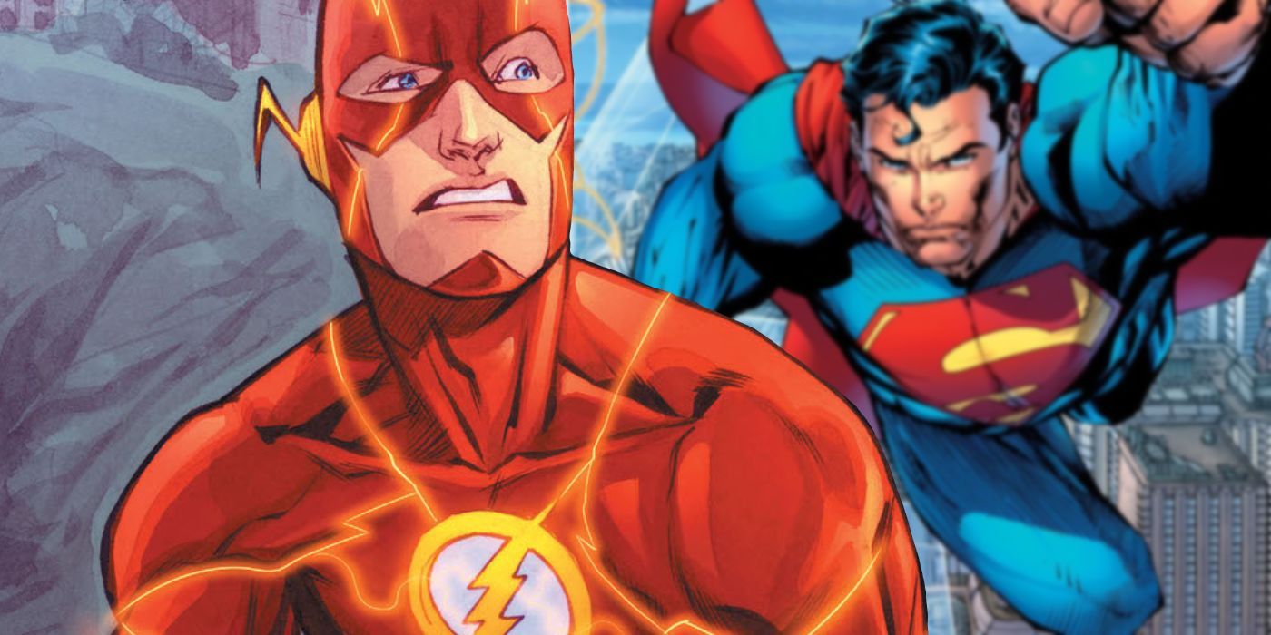 Flash and Superman feature image, Flash in foreground, Superman flying in background