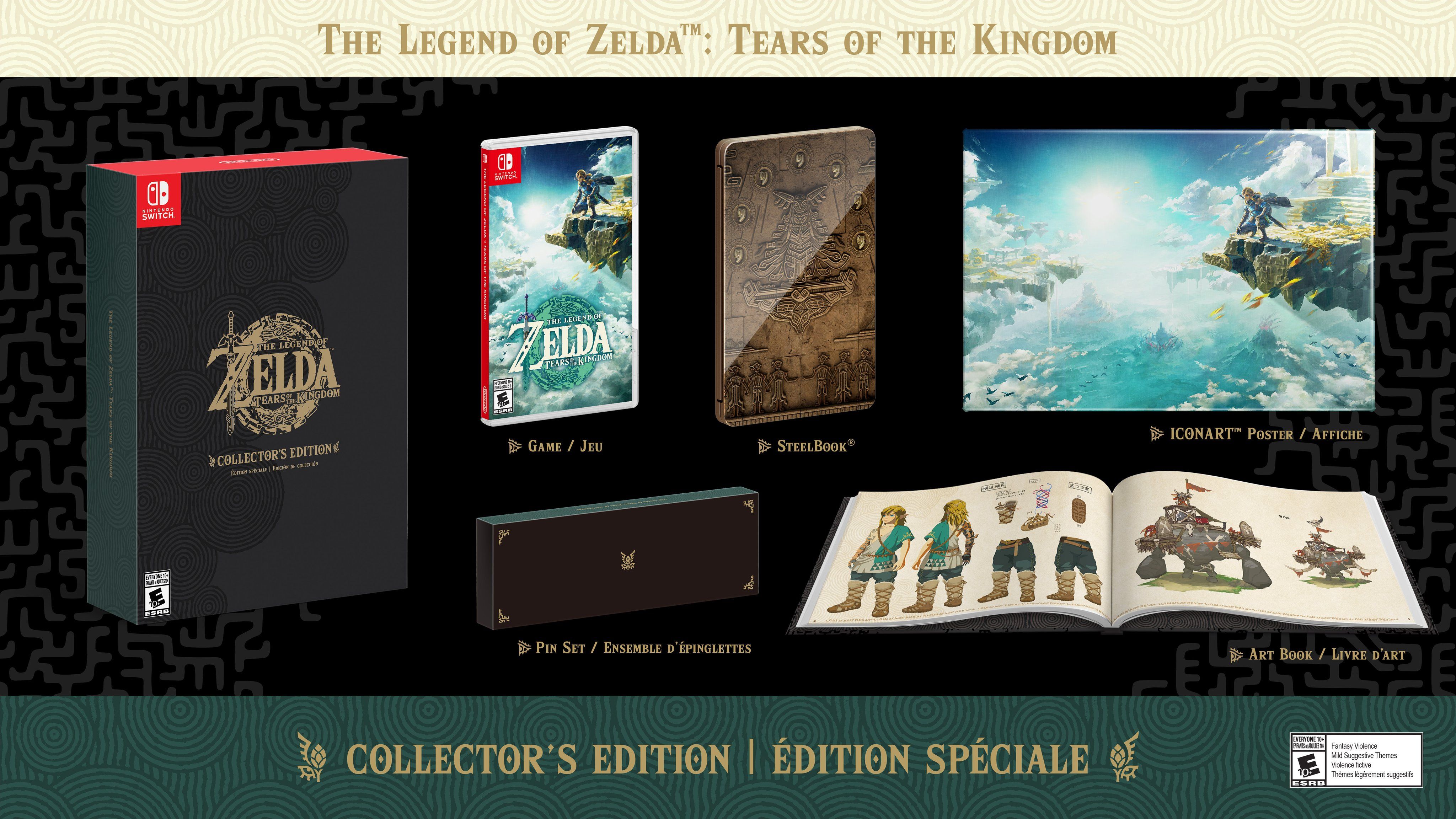 Layout of the items included in the Tears of the Kingdom Collector's Edition, showing the outer box, game box, steelbook, poster, pin set, and art book.