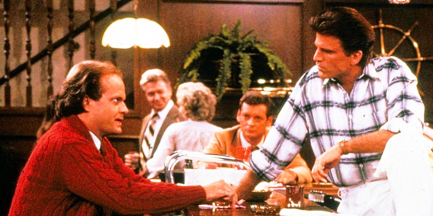 Frasier and Sam talk at the bar in Cheers.