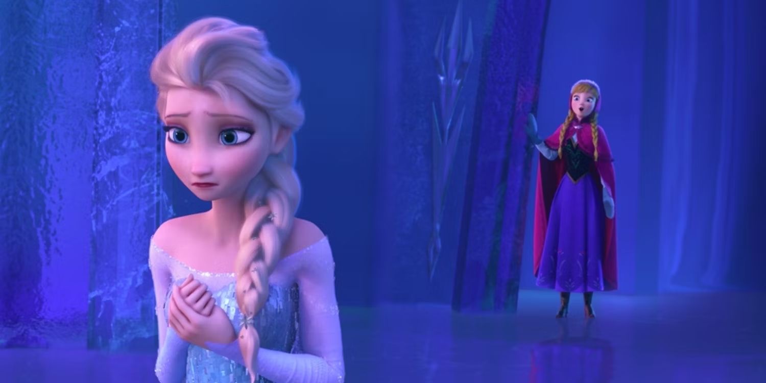 Elsa and Anna in the ice castle in Frozen
