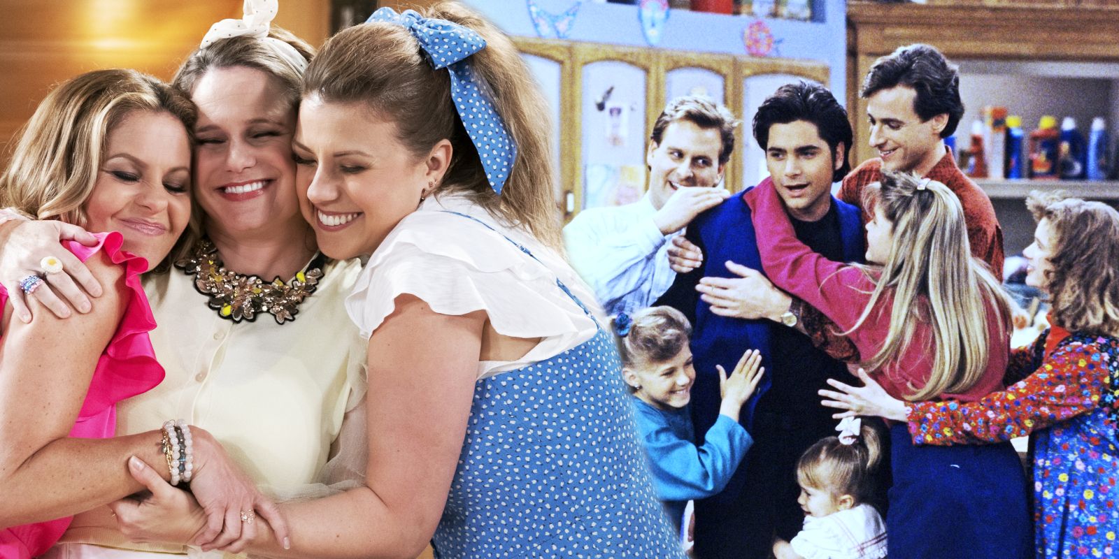 DJ, Kimmy, and Stephanie hugging in Fuller House and Danny, Joey, Jesse, DJ, Kimmy, Stephanie, and Michelle hugging in Full House
