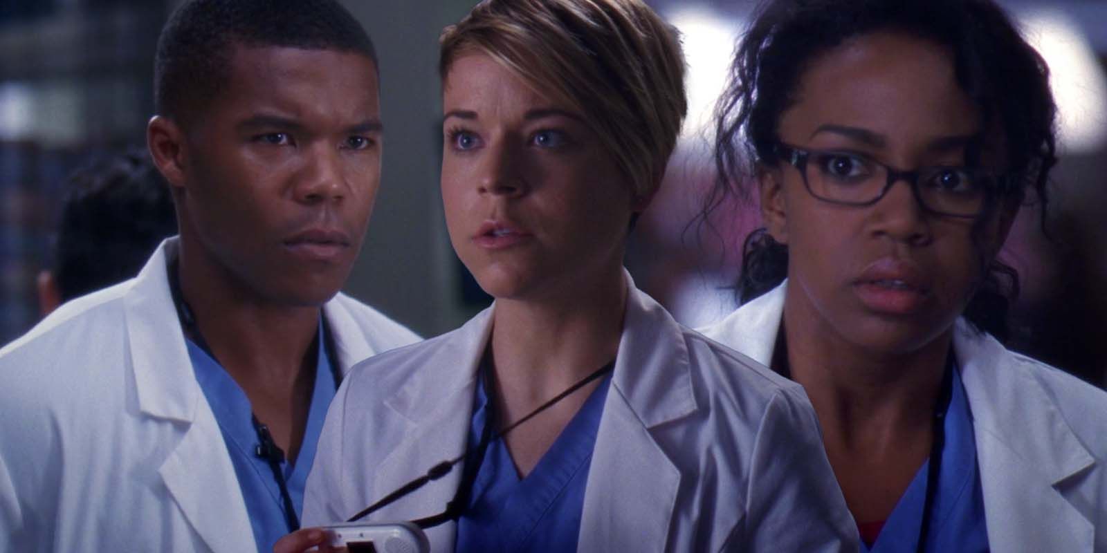 Gaius Charles as Shane Ross,Tina Majorino as Heather Brooks, and Jerrika Hinton as Stephanie Edwards in Grey's Anatomy season 10