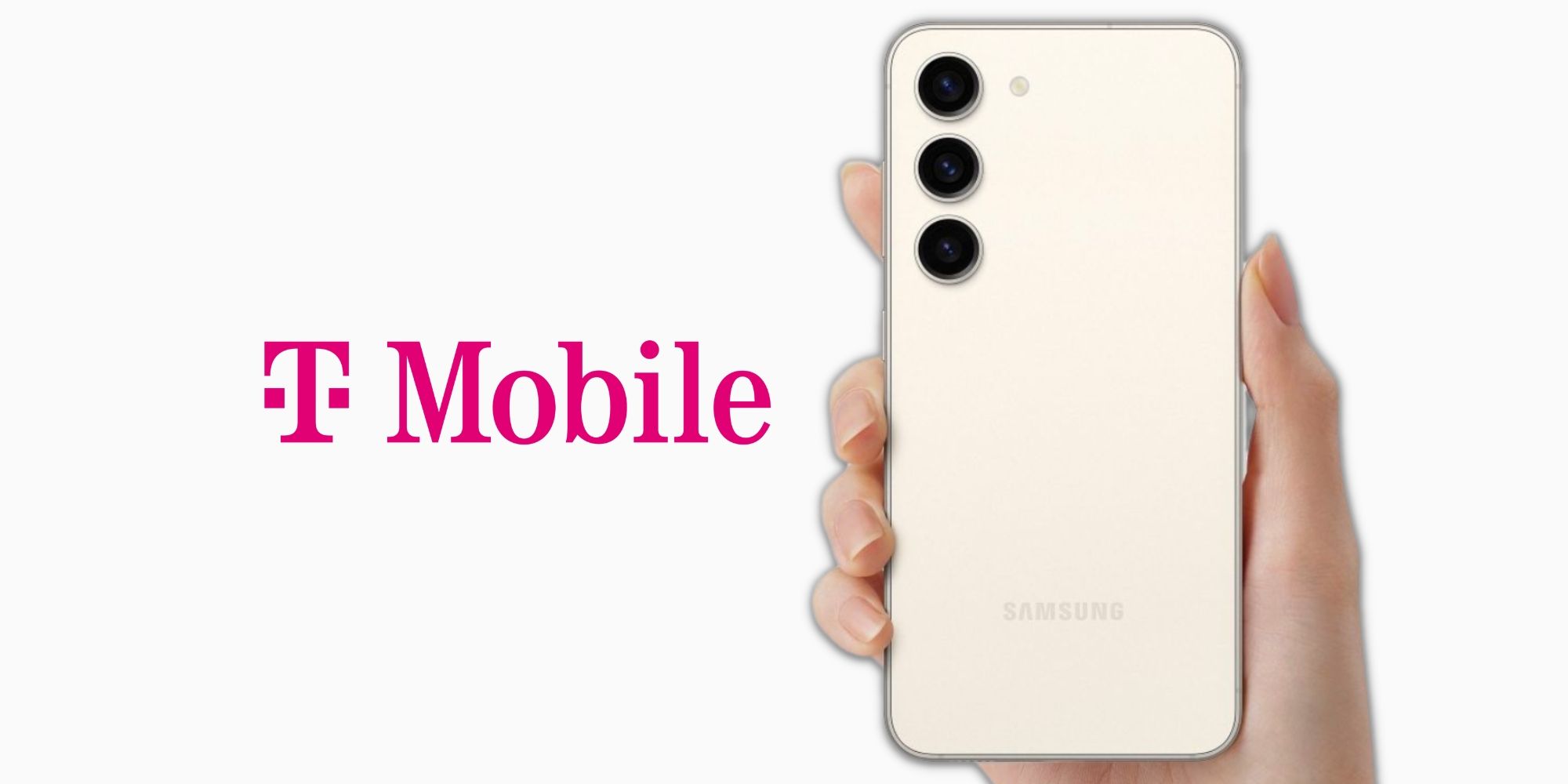 Galaxy S23 in hand along with T-Mobile's logo on the left over a plain background
