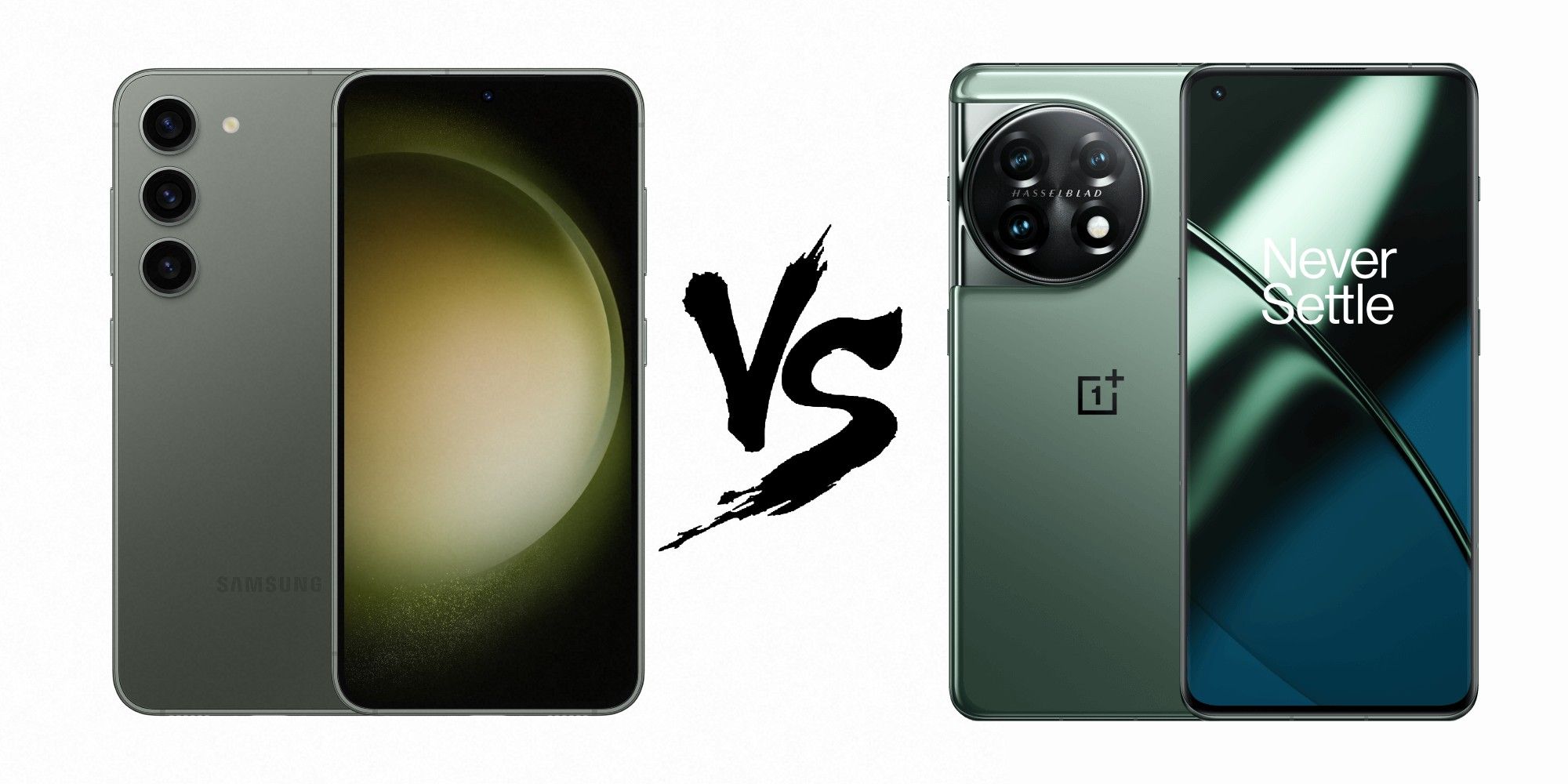 A photo of the Galaxy S23 in Green and the OnePlus 11 in Eternal Green