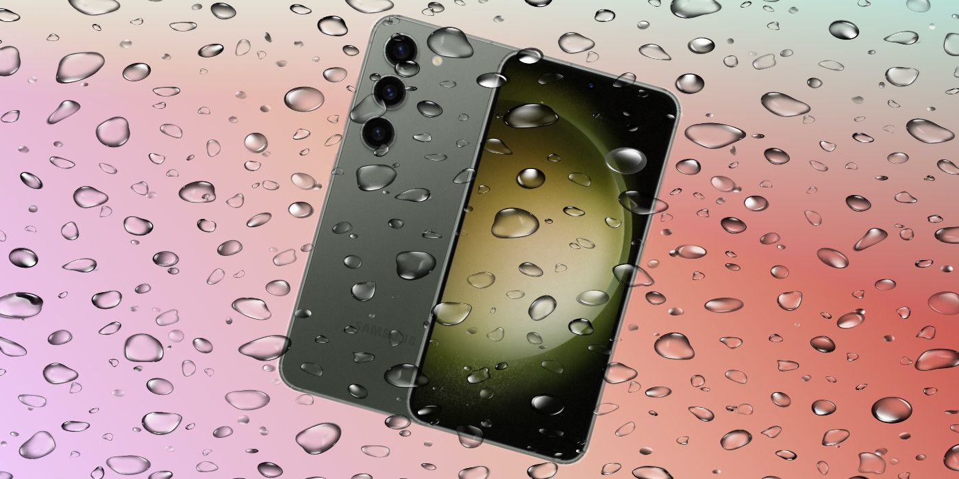 Water droplets superimposed on green Samsung Galaxy S23 on custom orange gradient background