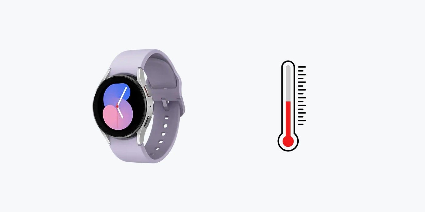A photo of the Galaxy Watch 5 and a thermometer