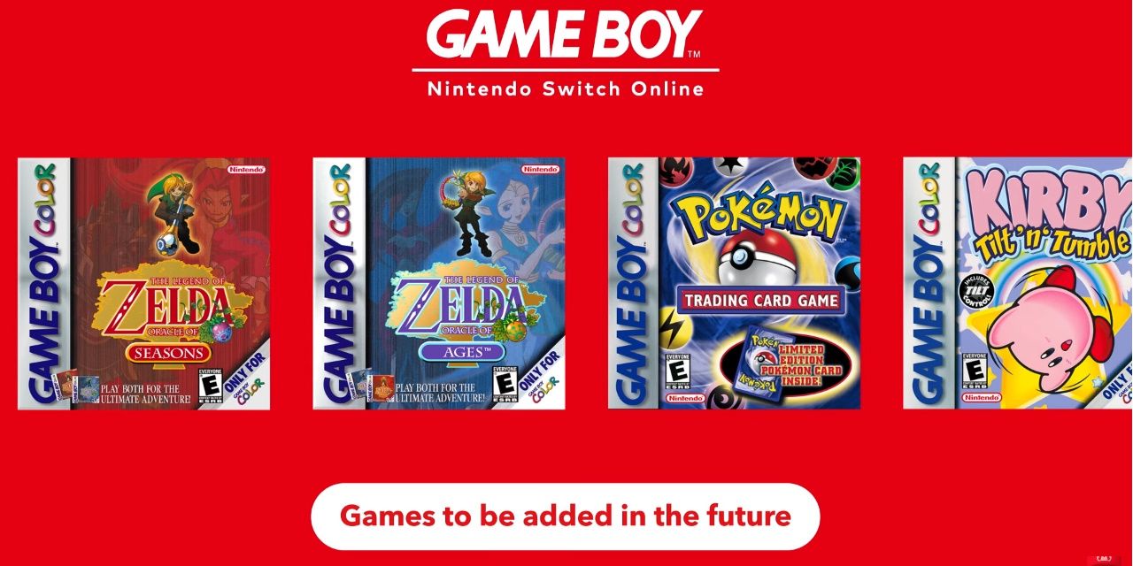 Jogos de Game Boy a serem adicionados ao Nintendo Switch Online no futuro - imagem mostrando as capas de Zelda Oracle of Seasons, Zelda Oracle of Ages, Pokemon Trading Card Game e Kirby Tilt N Tumble