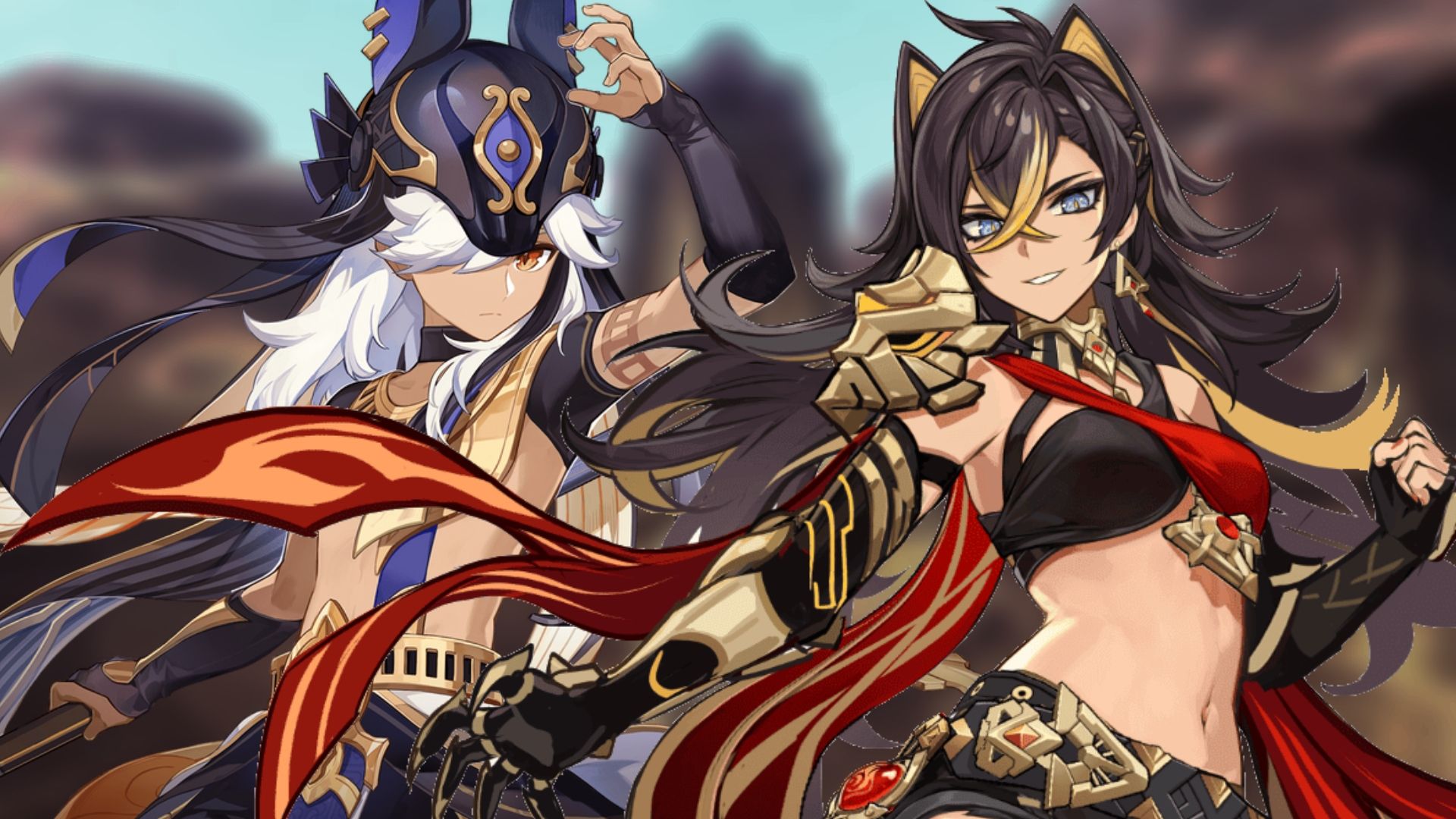 Genshin Impact&rsquo;s Cyno to the left and Dehya to the right.