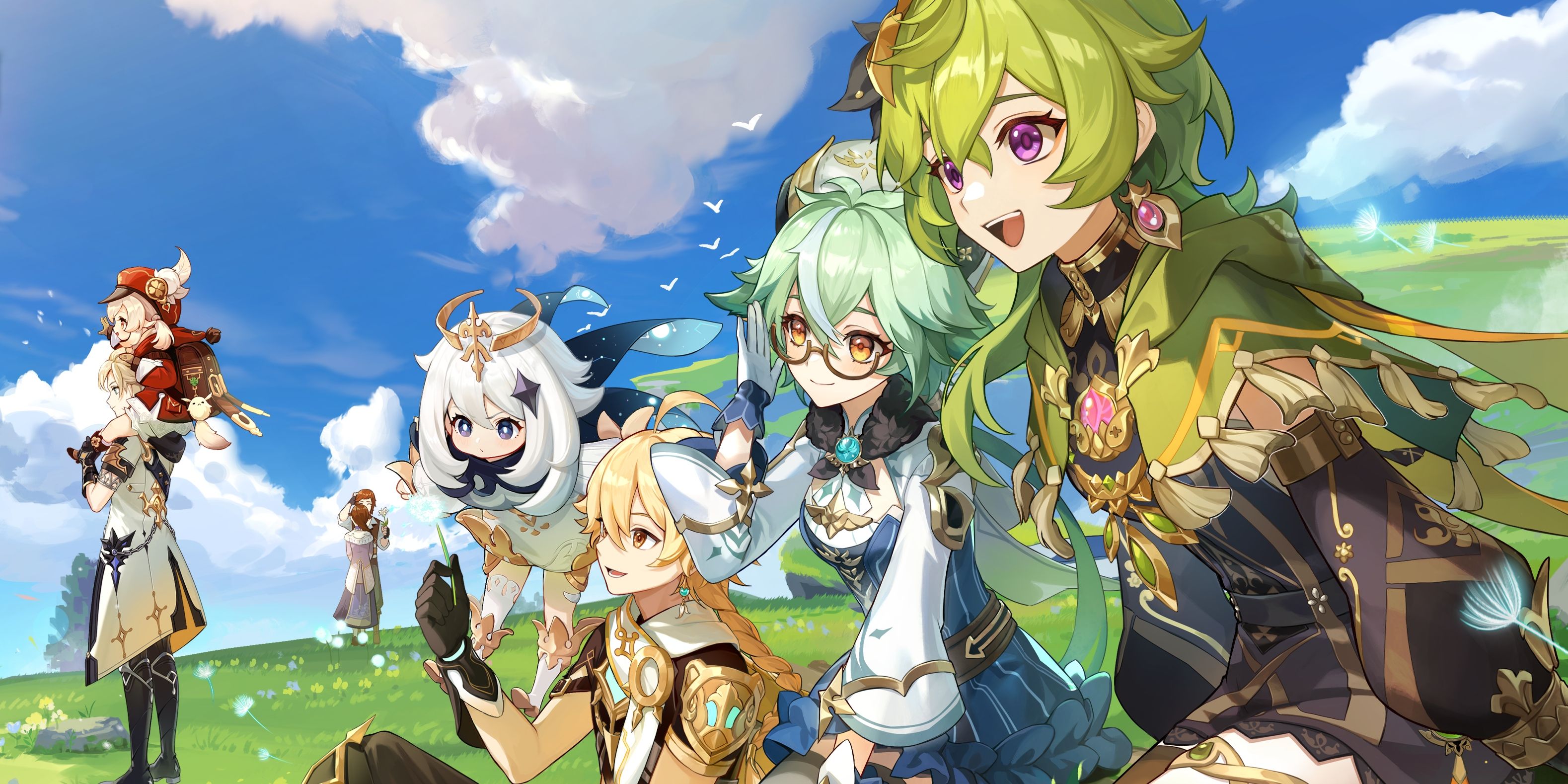 Genshin Impact 3.5's key art, showing Collei, Sucrose, Aether, and Paimon sitting on a Mondstadt field under a clear sky.  In the distance is Albedo with Klee sitting on his shoulders and further away is Timaeus and his love interest.
