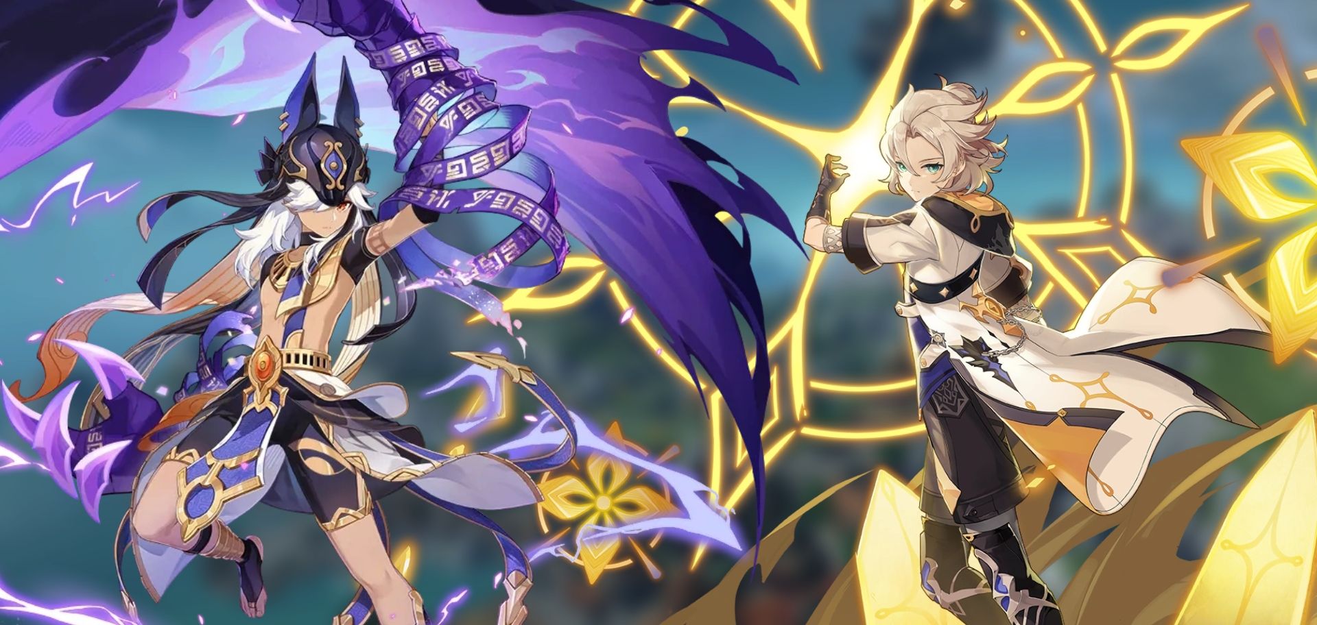 Genshin Impact&rsquo;s Cyno poses to the left and Albedo poses to the right.