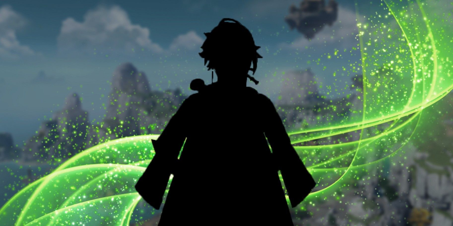 Genshin Impact&rsquo;s Liyue Harbor blurred-out in the background. In the middle is the silhouette of Baizhu, with a green energy flowing behind him to illustrate his Dendro powers.