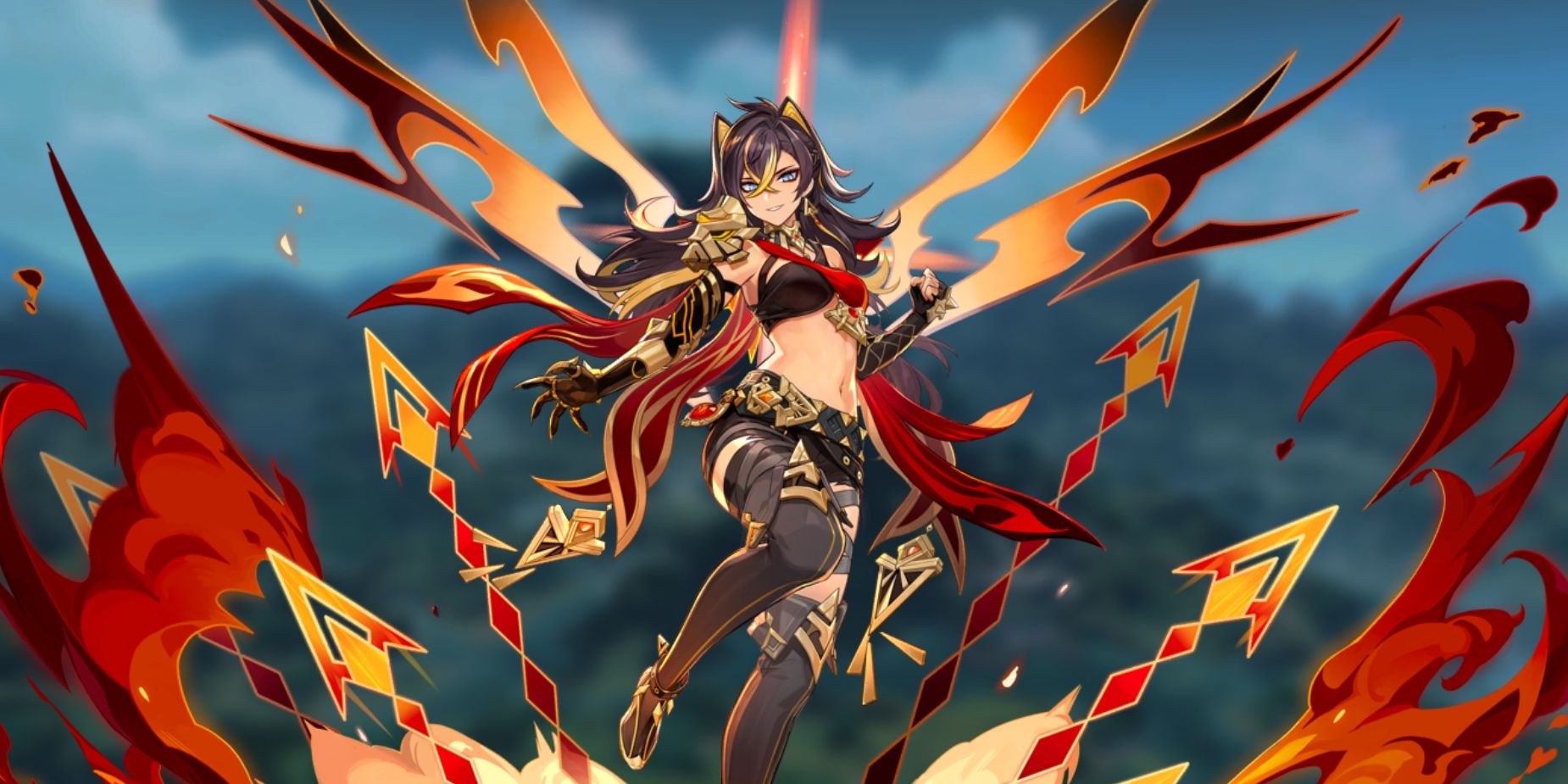 Genshin Impact's Dehya poses in the middle while fire and fiery spears explode to her sides. Blurred-out in the background is an image of the Sumeru landscape.
