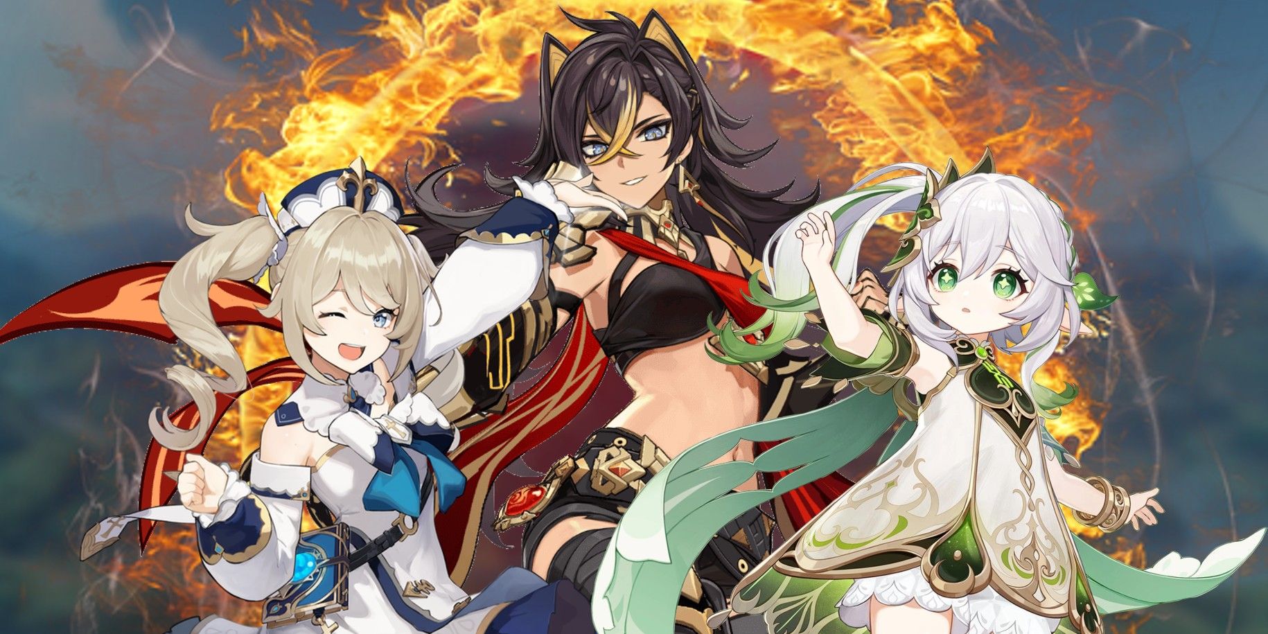 Genshin Impact's Dehya in the middle with Barbara to her left and Nahida to the right. Behind them is a half-circle of fire and blurred-out in the background is an image of the Sumeru landscape.
