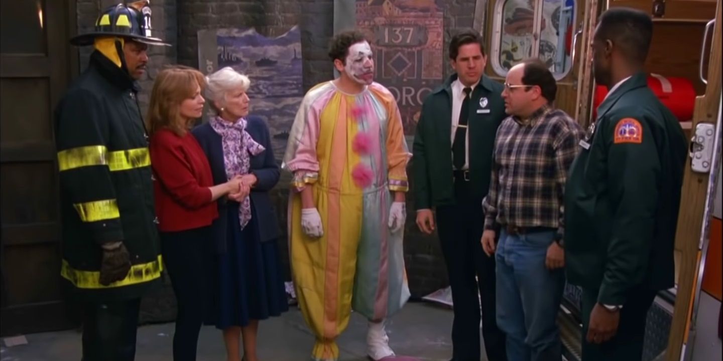George talks to Robin, her mother, firemen, and Eric the clown in Seinfeld
