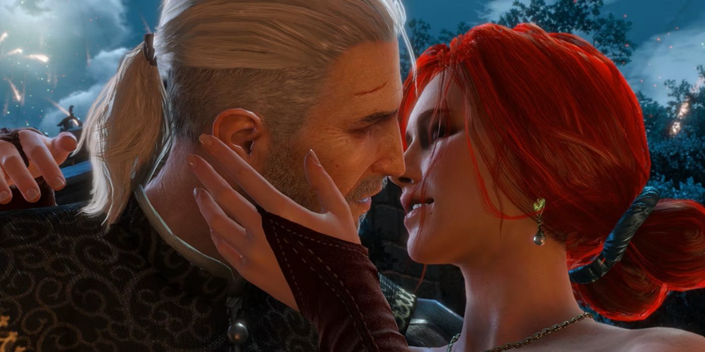 Geralt and Triss kiss under the fireworks in The Witcher 3.