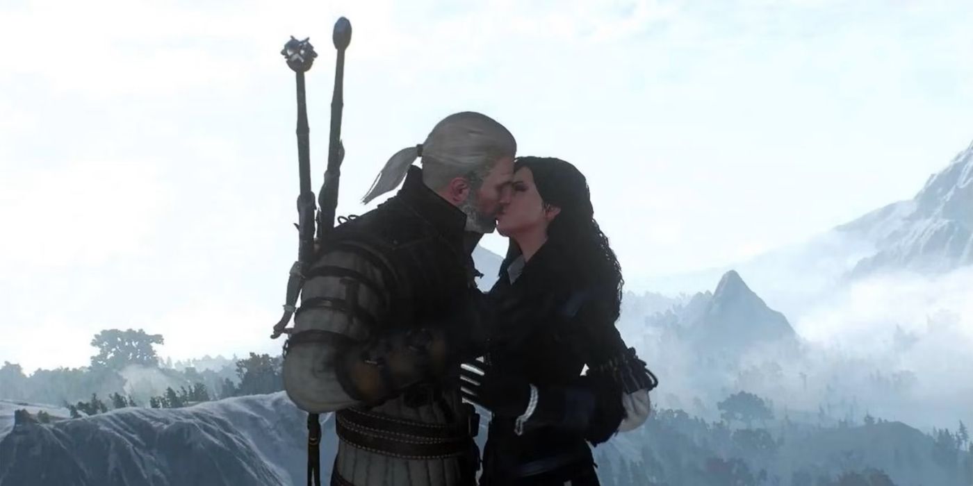 Geralt e Yeneffer se beijam com as montanhas nevadas de Skellige ao fundo em The Witcher 3.
