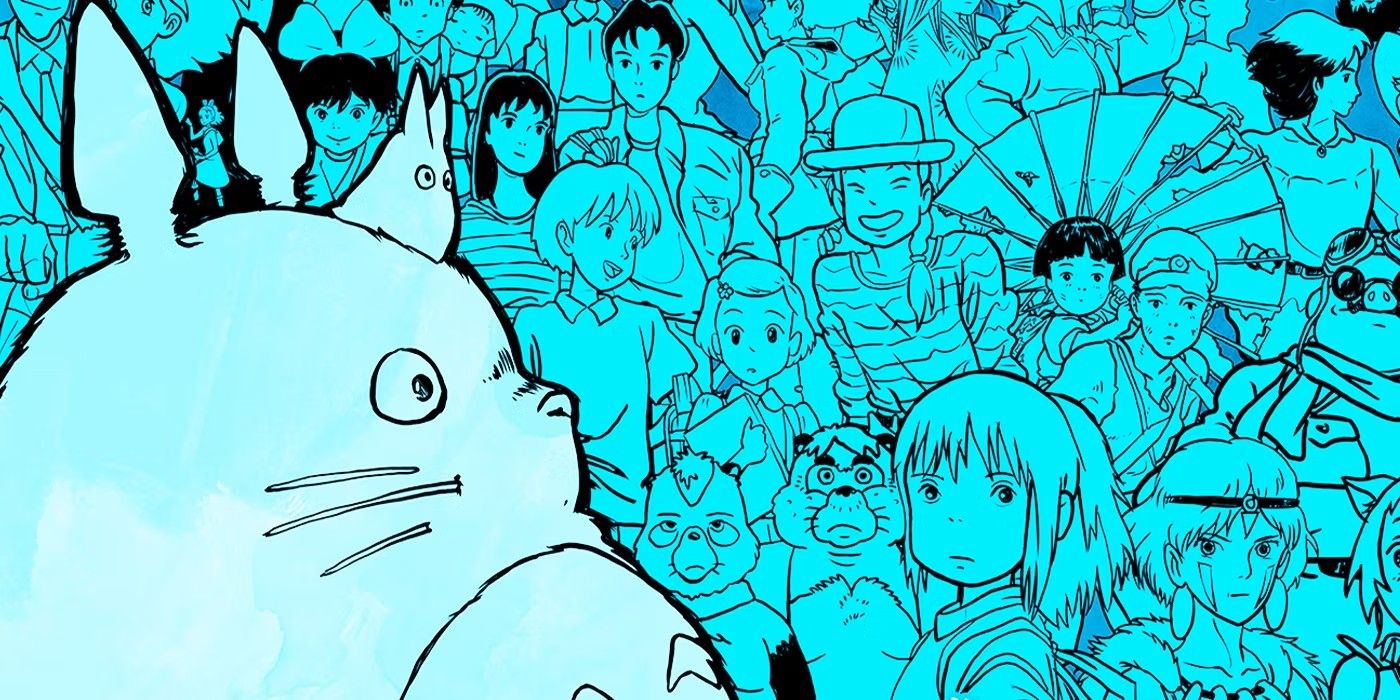 Blue collage of a wide variety of Ghibli characters with Totoro front and center.
