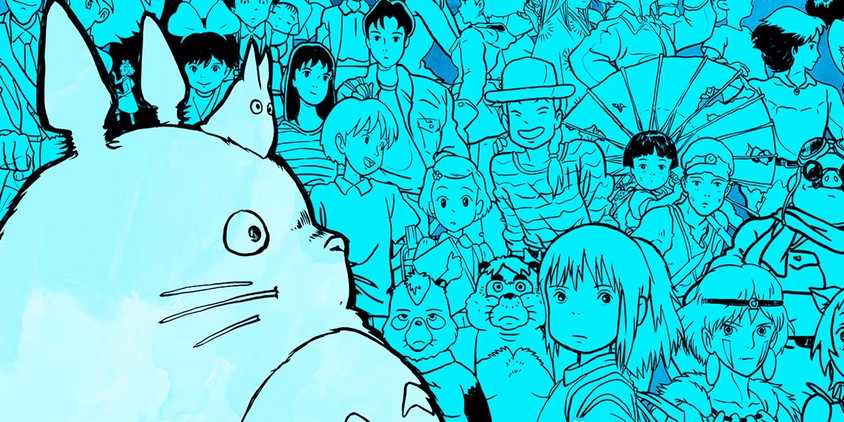 Blue collage of a wide variety of Ghibli characters with Totoro front and center.