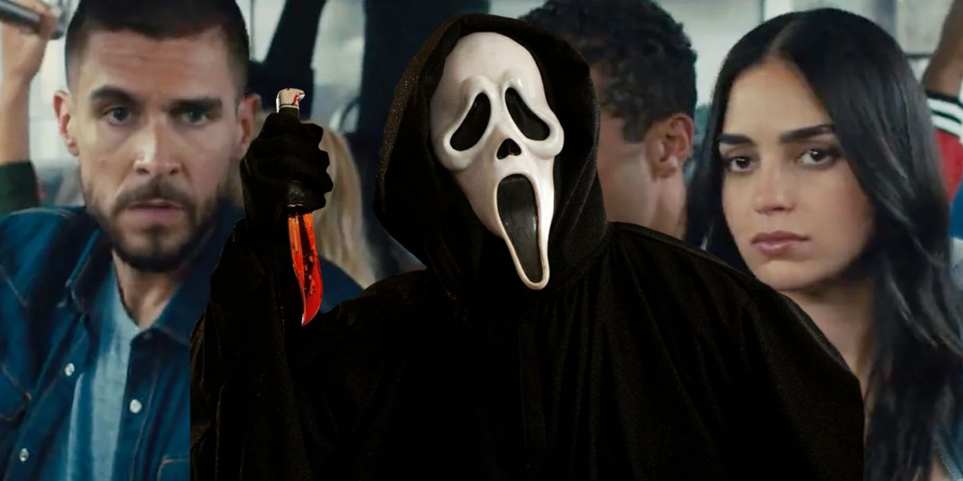 Ghostface em frente ao elenco de Scream 6 no metrô
