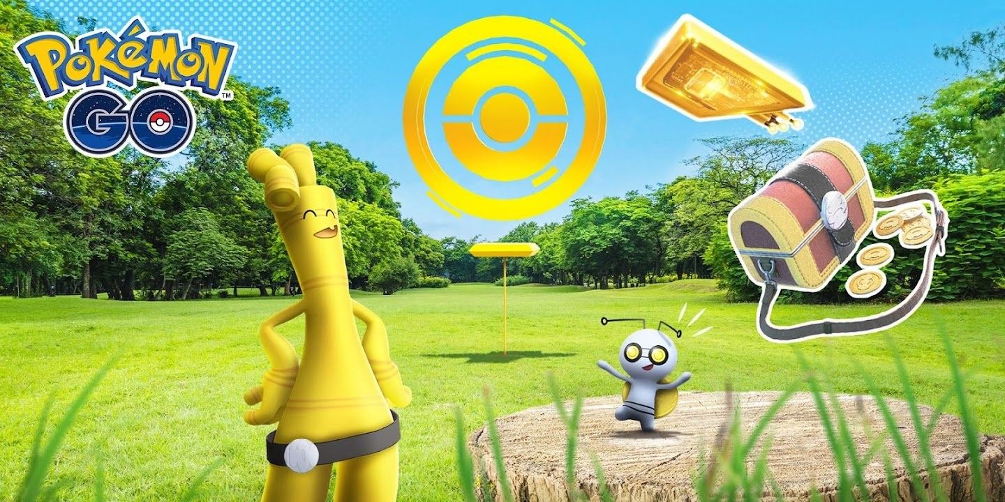 Gimmighoul and Gholdengo stand in a field with the Pokémon GO logo, a Golden PokeStop, a Golden Lure Module, and a Coin Bag.