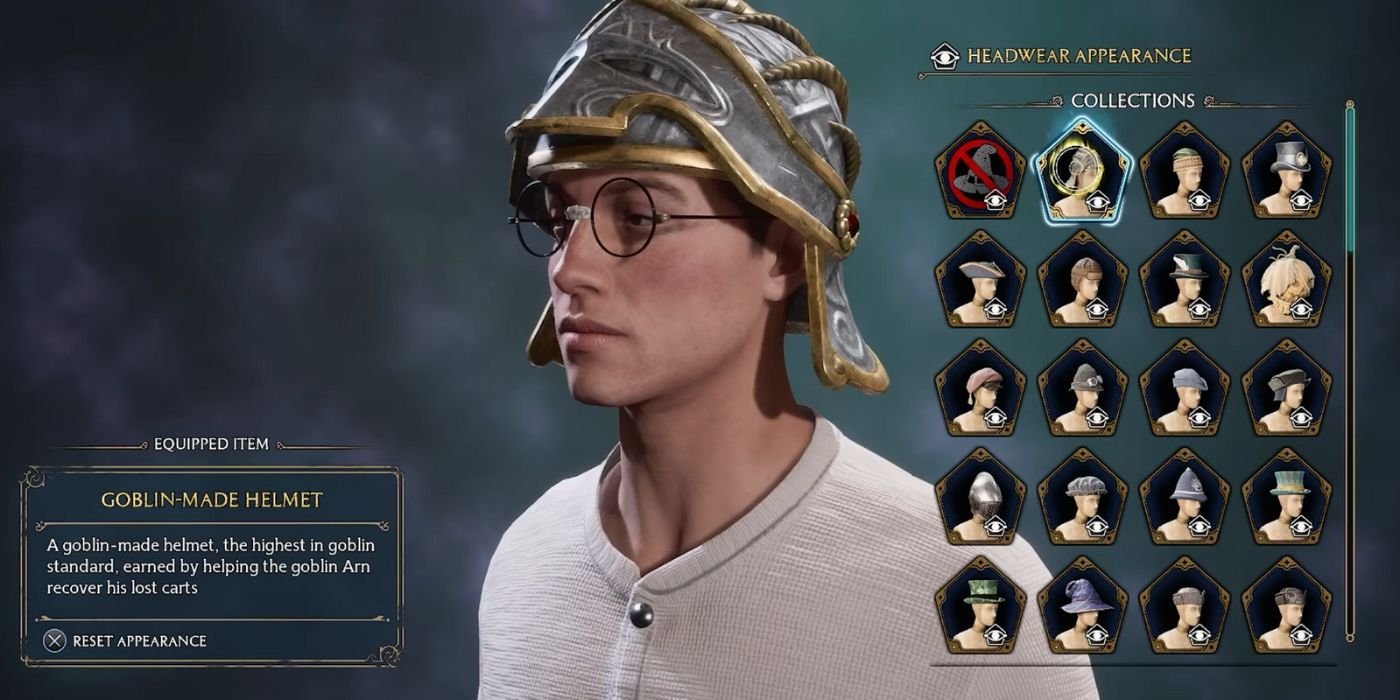 A male-presenting student wearing the Goblin Made Helmet in Hogwarts Legacy