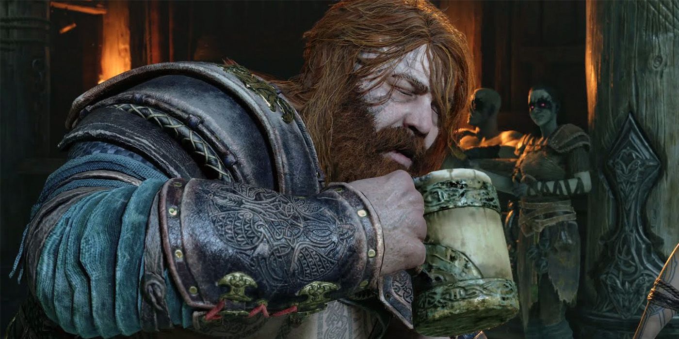 God of War Ragnarok's Thor lifting a large wooden mug to his mouth with his eyes closed.