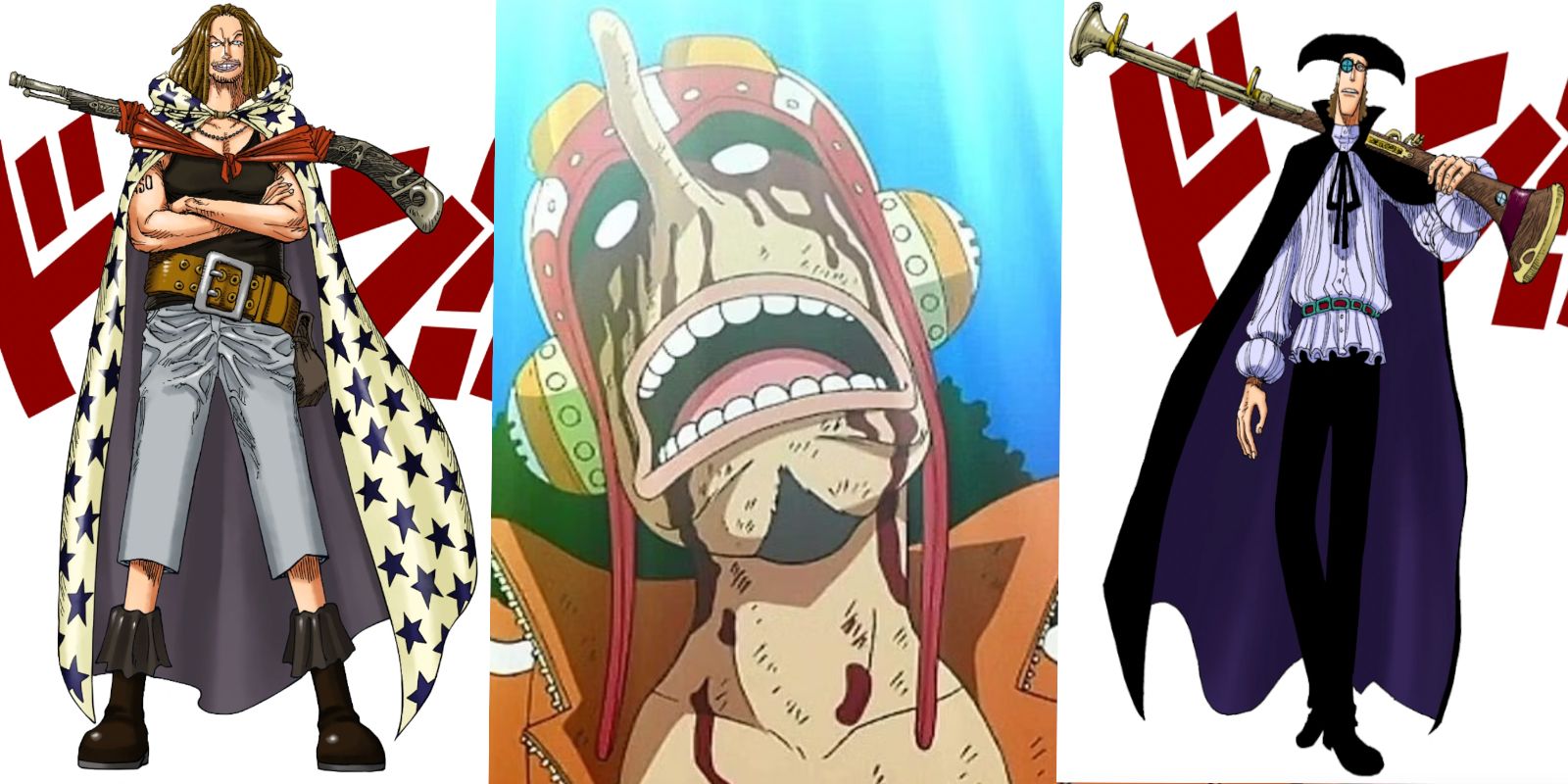 One Piece characters Yasopp, Usopp, and Van Auger are put side by side to each other with Usopp bloody from his battle in Dressrosa.