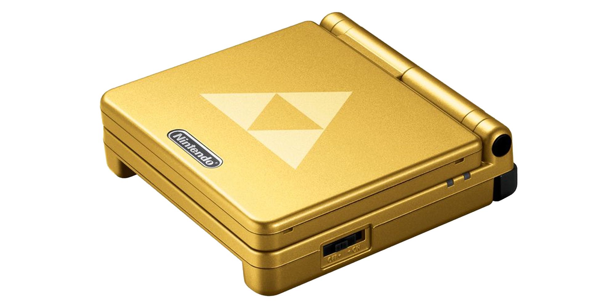 Exterior of a gold Zelda GBA SP with a triforce in the center. 