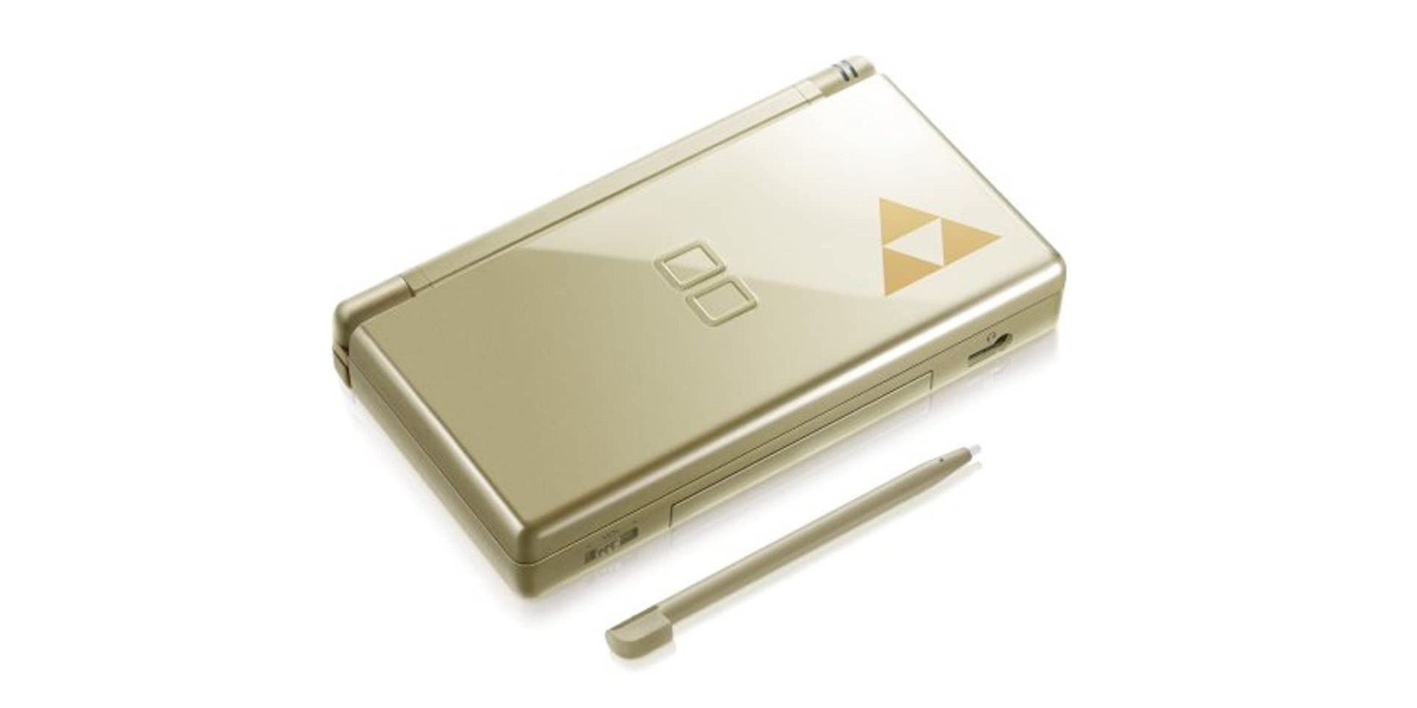 A gold DS Lite with a Triforce in the bottom right of the faceplate.