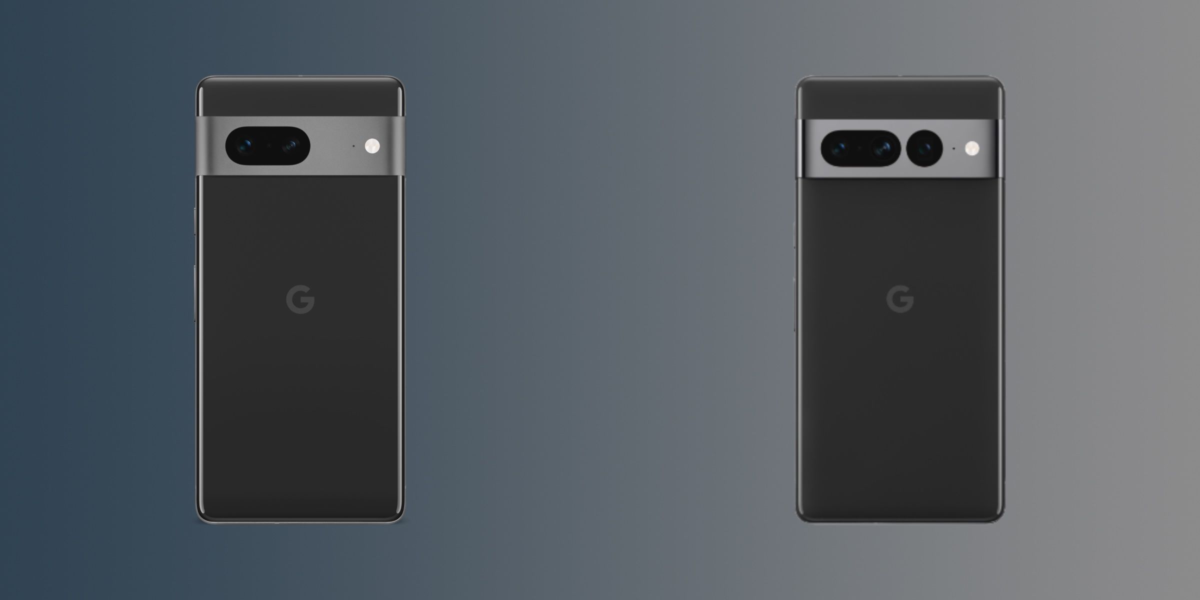 Obsidian-colored Pixel 7 and Pixel 7 Pro against a blue and gray gradient background.