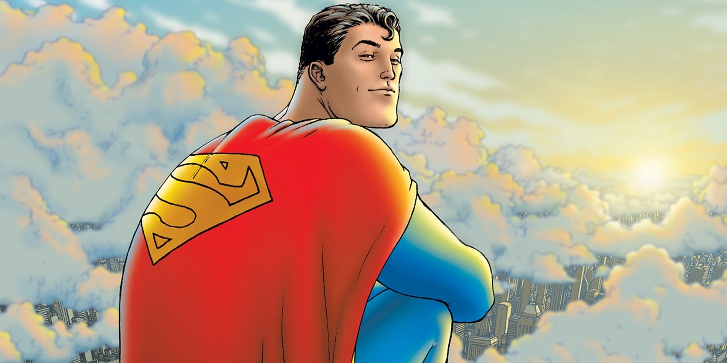 Grant Morrison's All-Star Superman superman looks back in his cape with a badge