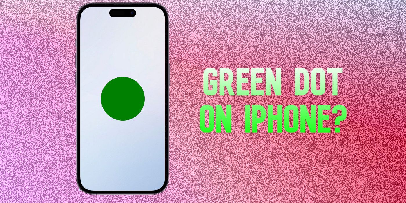 The words 'Green Dot on iPhone' next to an iPhone 14 Pro Max mockup with a white screen and a green dot in the middle.