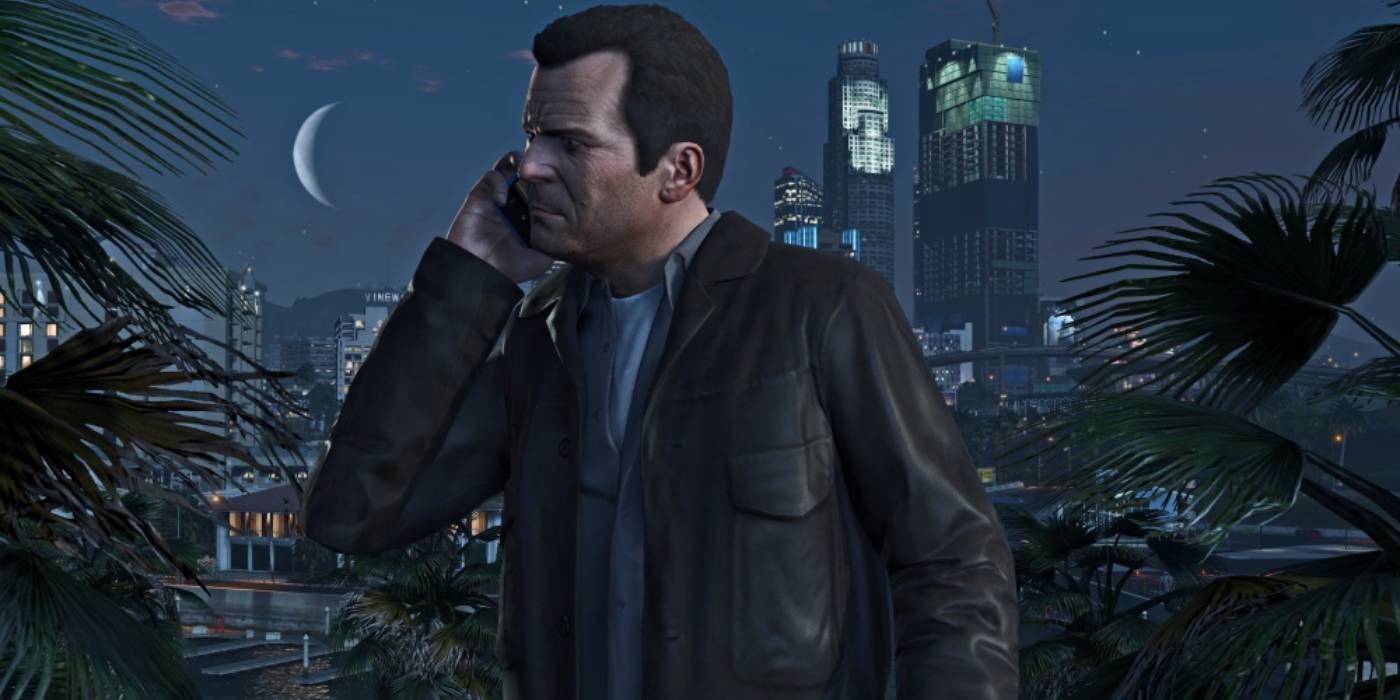 Michael from Grand Theft Auto 5 on his phone in front of the Los Santos skyline.