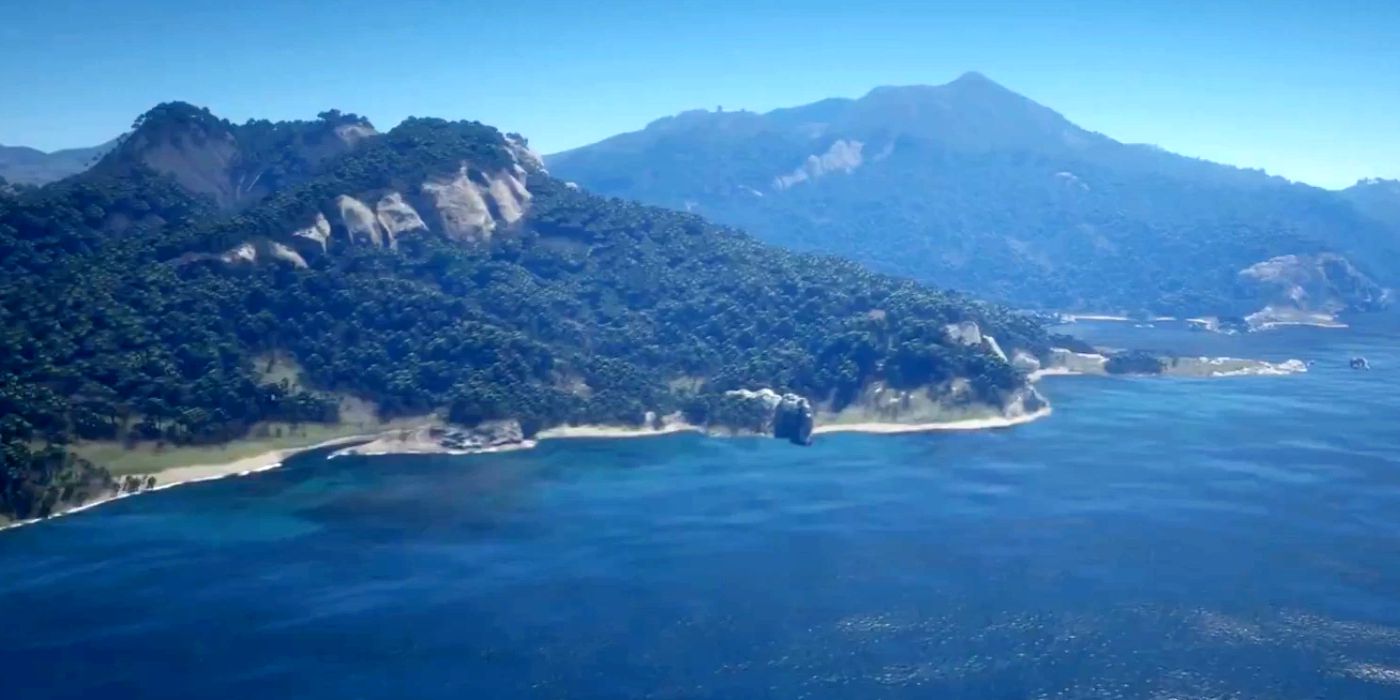 A helicopter shot of Guarma Island in RDR2