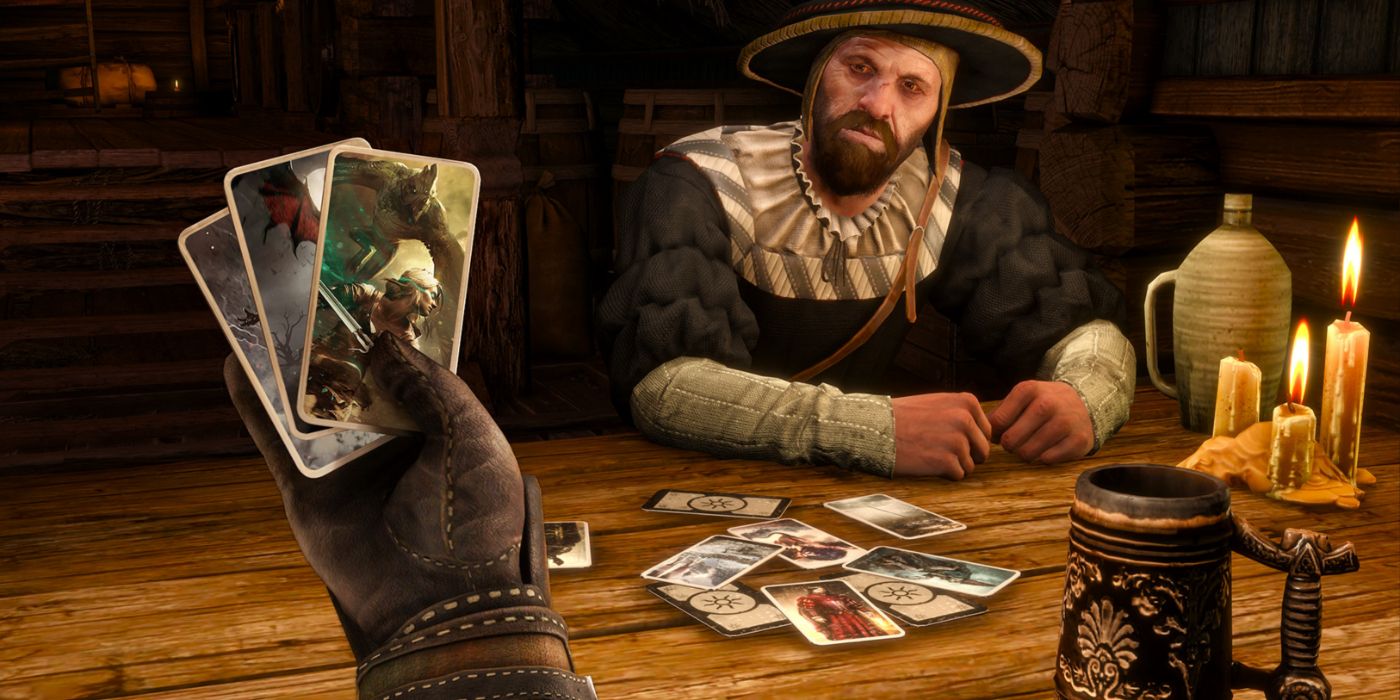 Geralt holding up his hand playing Gwent in The Witcher 3.