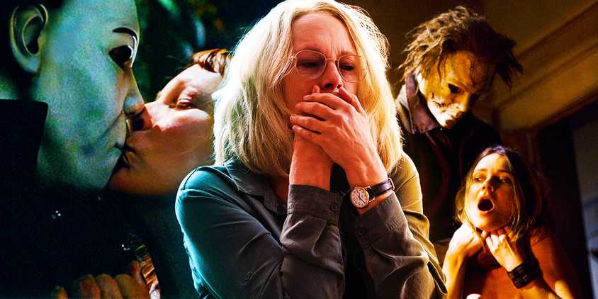 Image of Laurie Strode kissing Michael Myers, older Laurie covering her mouth, and Michael strangling young Laurie