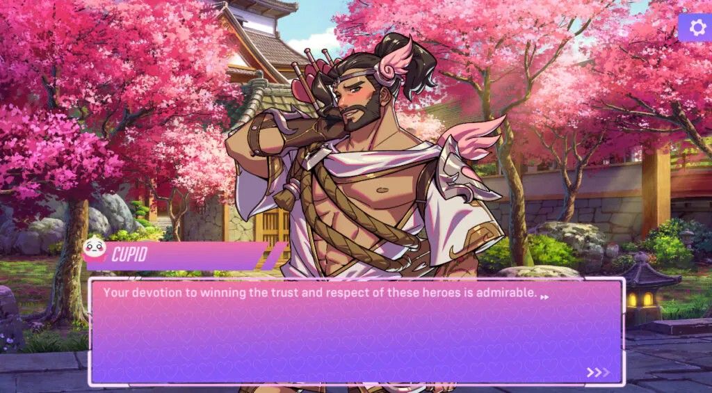 Hanzo Loverwatch termina onde ele está cumprimentando o jogador com árvores cor-de-rosa ao fundo.
