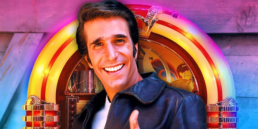 Henry Winkler as Fonzie in front of a jukebox