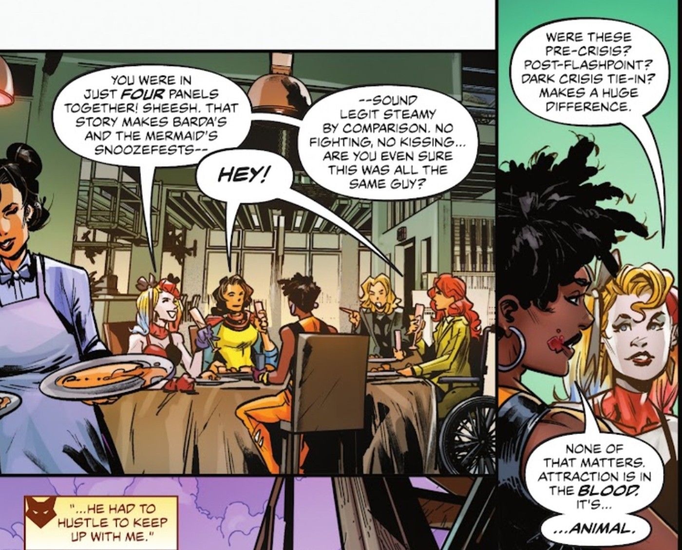 Harley Quinn conversando com Vixen sobre a mudança de personalidade de Aquaman