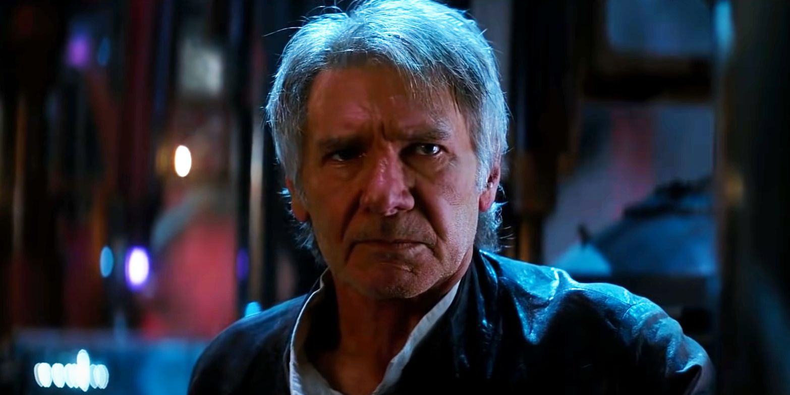 Harrison Ford as Han Solo confronting Kylo Ren in Star Wars The Force Awakens