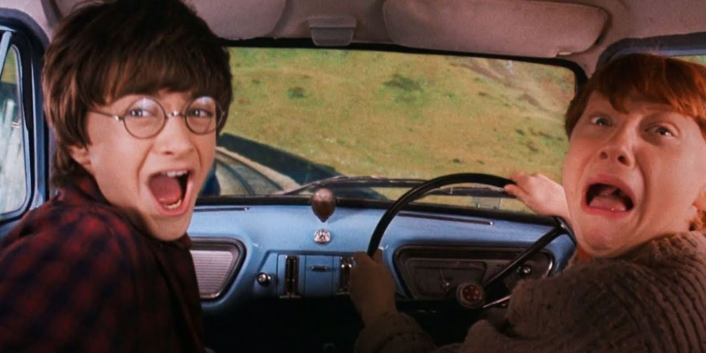 Harry Potter and Ron in the flying car.