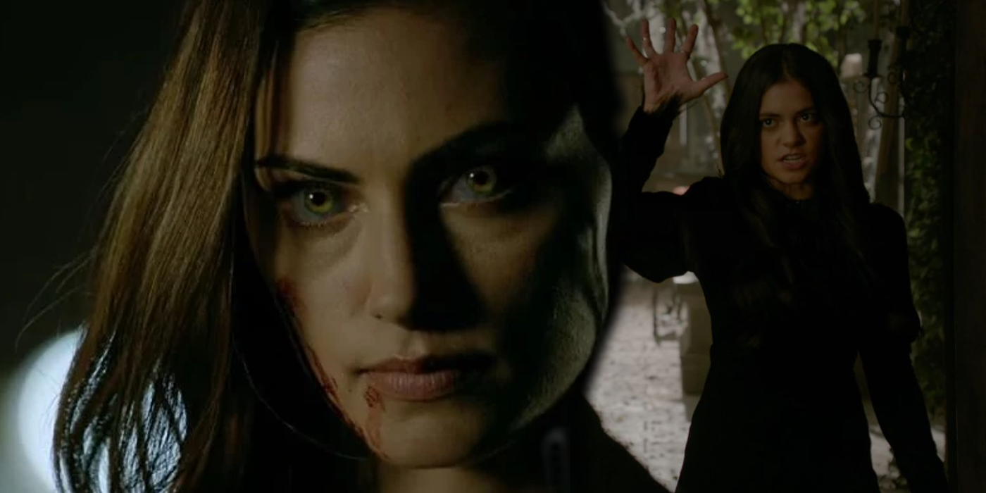 An image of Hayley's werewolf eyes, with her ancestor Inadu in the background, from The Originals