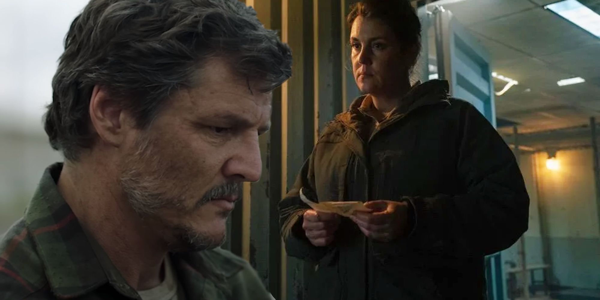 Pedro Pascal as Joel in The Last of Us and Melanie Lynskey's Kathleen holding a list in Last of Us episode 4.