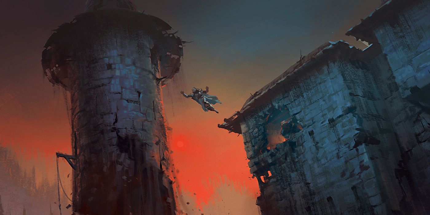 An adventurer leaps from a castle to a floating tower.